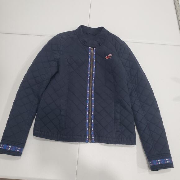 Y2K Hollister Jacket Womens Large Blue Quilted Cotton Zip Front Mock Neck - Picture 1 of 11